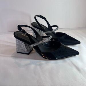 ***NWT***Aldo Heels- Black and Silver Women's Block Rhinestone Heel